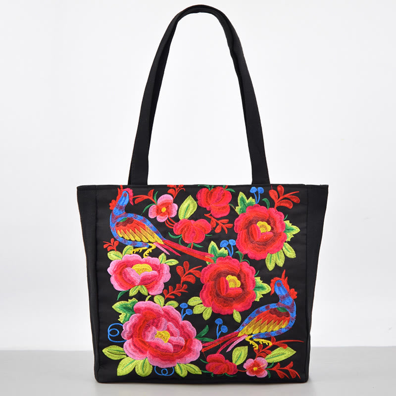 Magpie Embroidery Canvas Bag with Peony & Chrysanthemum Flowers