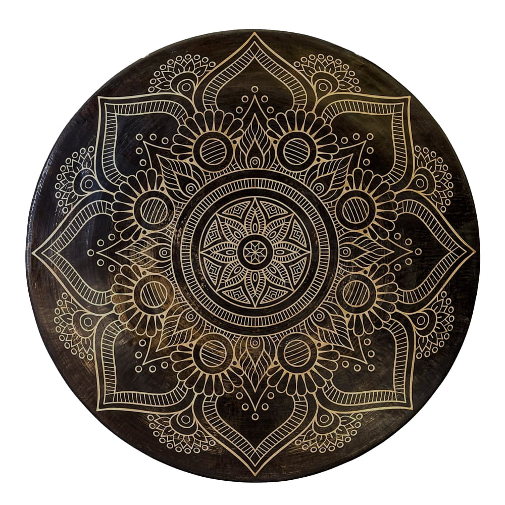 Circular mandala pattern with intricate white designs on dark background of Mandala Chau Gong 60cm