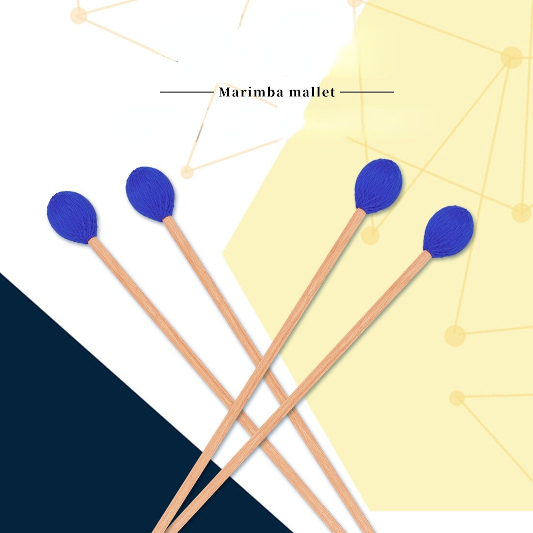 Four blue-headed marimba mallets with wooden handles arranged in an X pattern