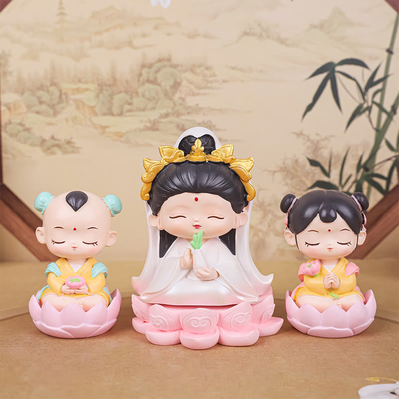 Meditation Avalokitesvara Resin Statue with Boy and Girl Figurines