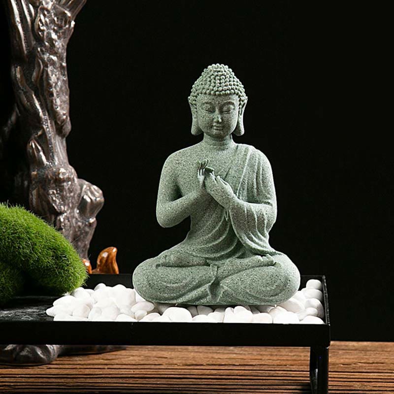 Meditation Buddha Statue Green Sandstone Serenity Symbol