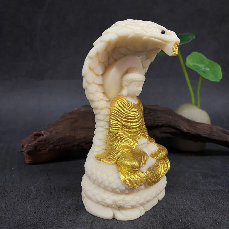 Medium Ivory Fruit Buddha Statue with Snake Lotus Serenity Symbol