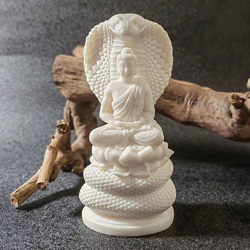Medium Ivory Fruit Buddha Statue with Snake Lotus Serenity Symbol