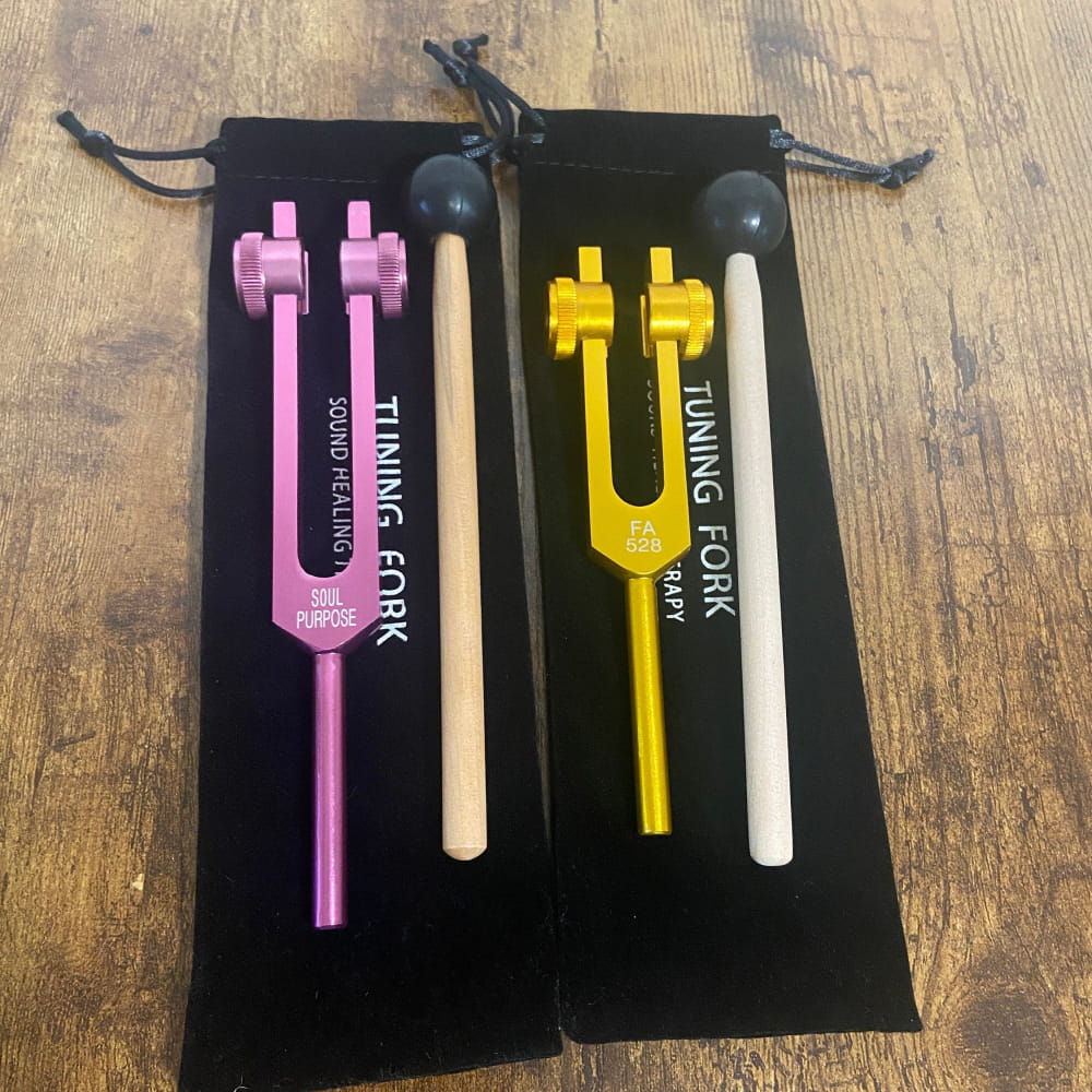 Merkaba Soul Purpose Tuning Fork Set in Pink and Yellow with Pouches and Strikers