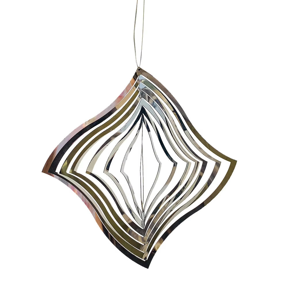 Metallic spiral wind spinner featuring a diamond geometric pattern for garden decoration