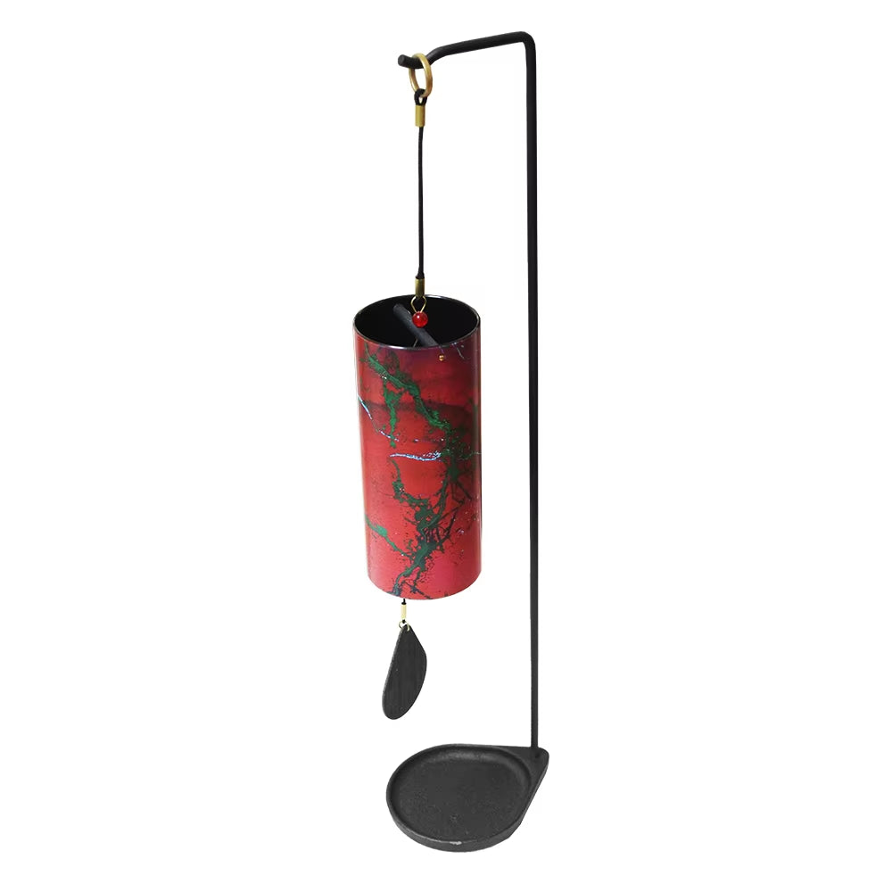 Red and black decorative wind chime on a curved metal stand for Metal Koshi Wind Chimes