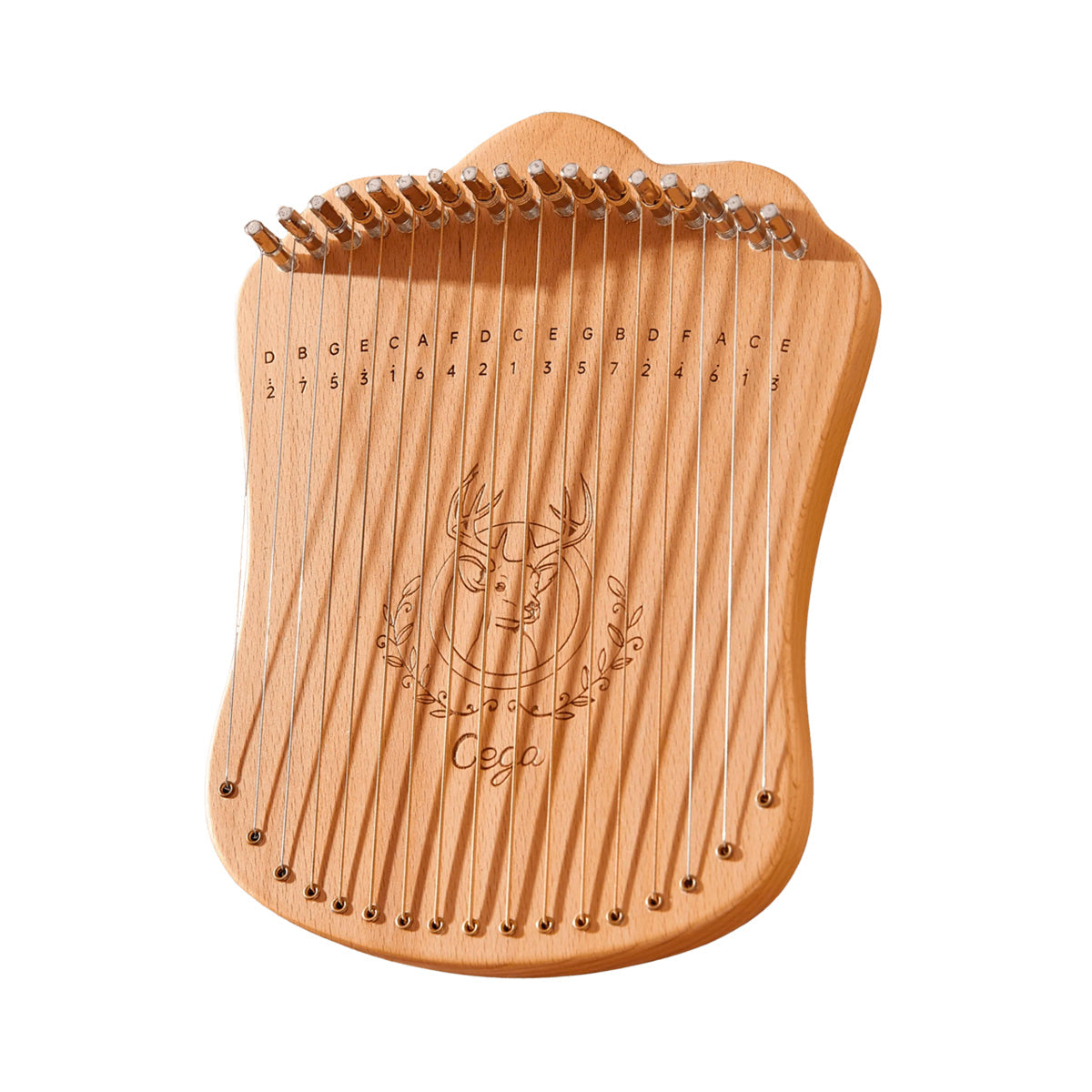 Mini 17-String Lyre Harp Instrument with Tuner featuring carved design and numbered strings