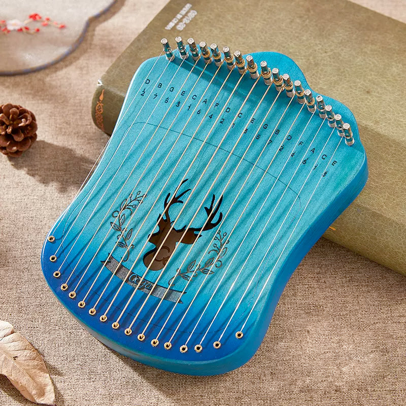 Turquoise Kalimba thumb piano with deer design in Mini 17-String Lyre Harp Instrument