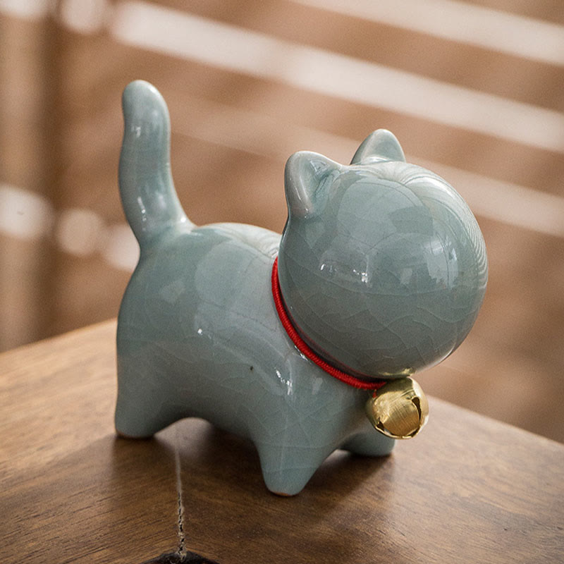 Mini Ceramic Lucky Bell Cat Figurine for Home Desk