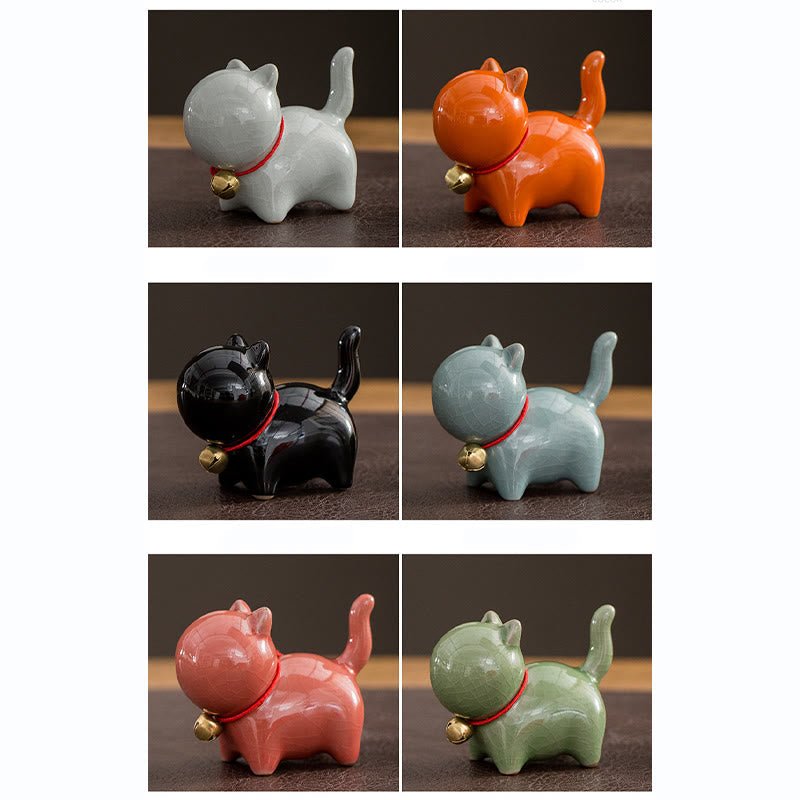 Mini Ceramic Lucky Bell Cat Figurine for Home Desk