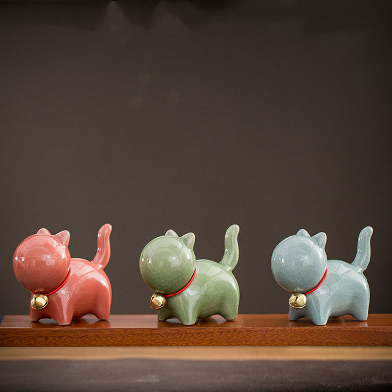Mini Ceramic Lucky Bell Cat Figurine for Home Desk
