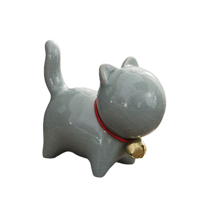 Mini Ceramic Lucky Bell Cat Figurine for Home Desk
