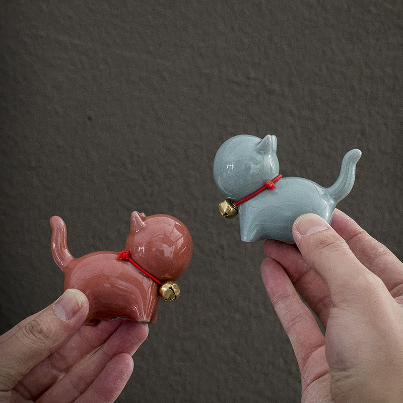 Mini Ceramic Lucky Bell Cat Figurine for Home Desk