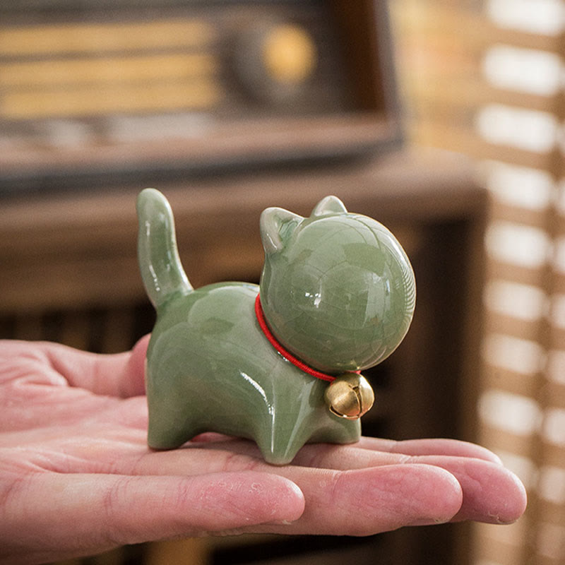 Mini Ceramic Lucky Bell Cat Figurine for Home Desk
