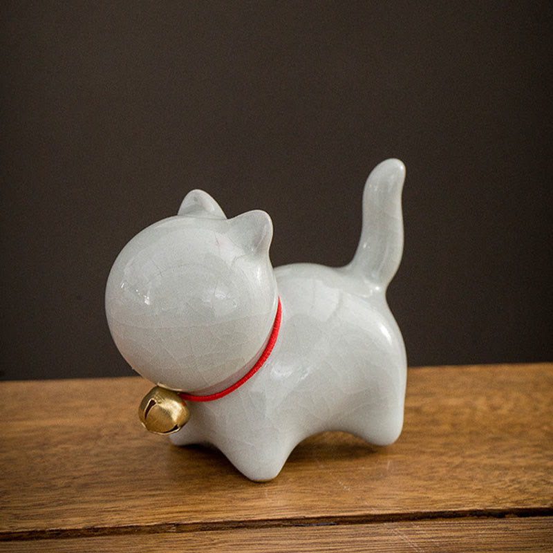 Mini Ceramic Lucky Bell Cat Figurine for Home Desk