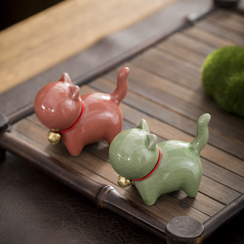 Mini Ceramic Lucky Bell Cat Figurine for Home Desk