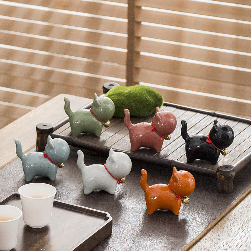 Mini Ceramic Lucky Bell Cat Figurine for Home Desk