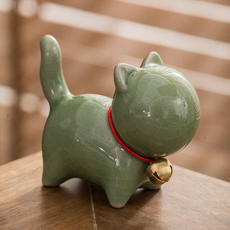 Mini Ceramic Lucky Bell Cat Figurine for Home Desk