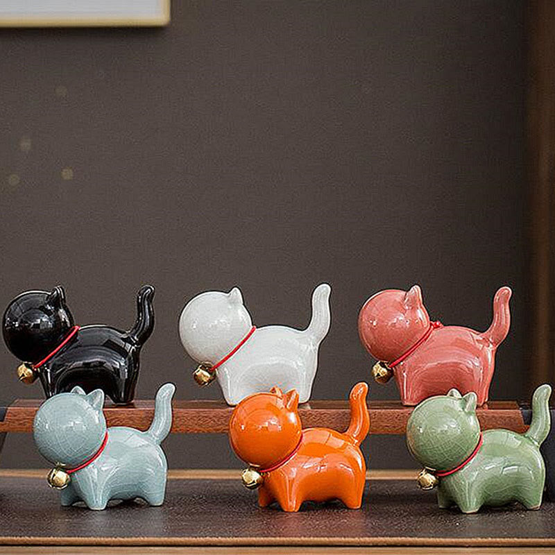 Mini Ceramic Lucky Bell Cat Figurine for Home Desk