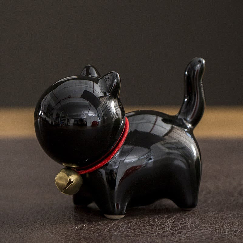 Mini Ceramic Lucky Bell Cat Figurine for Home Desk