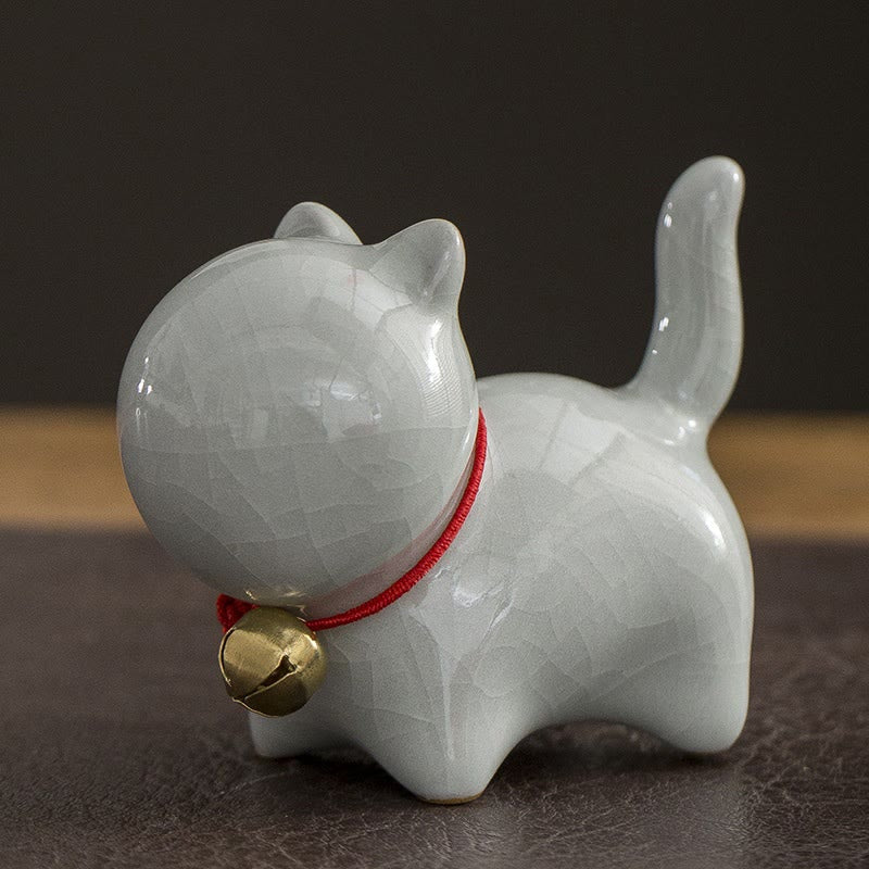 Mini Ceramic Lucky Bell Cat Figurine for Home Desk