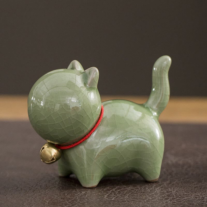 Mini Ceramic Lucky Bell Cat Figurine for Home Desk