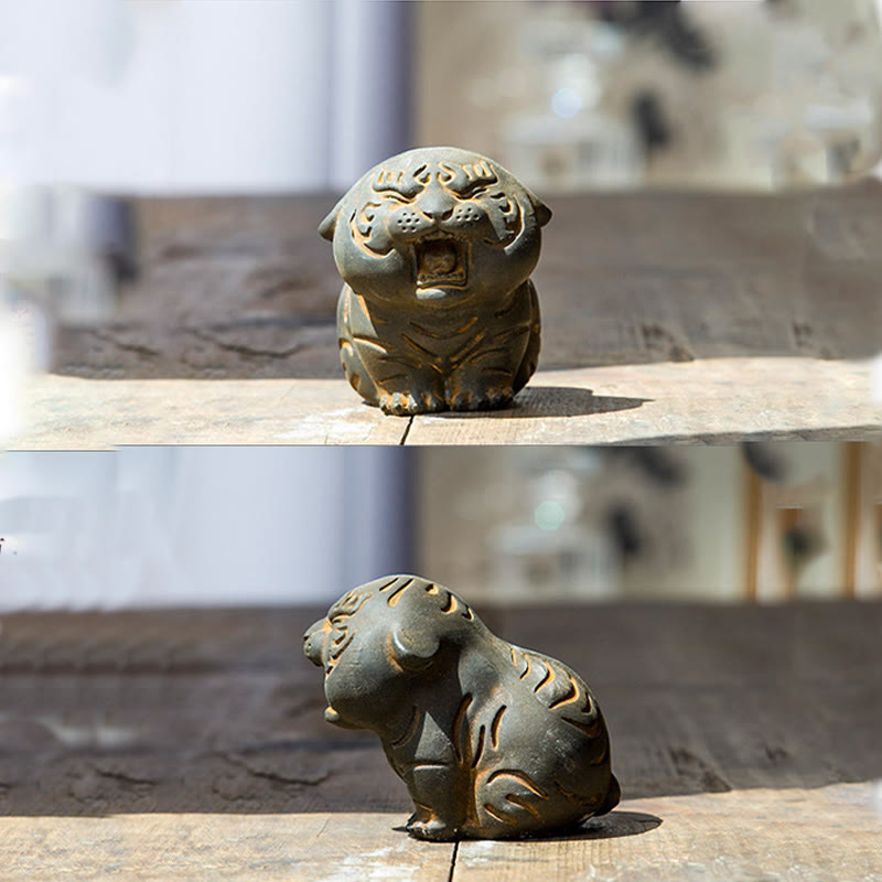 Mini Cute Tiger Iron Resin Statue - Spiritual Animal Figurine
