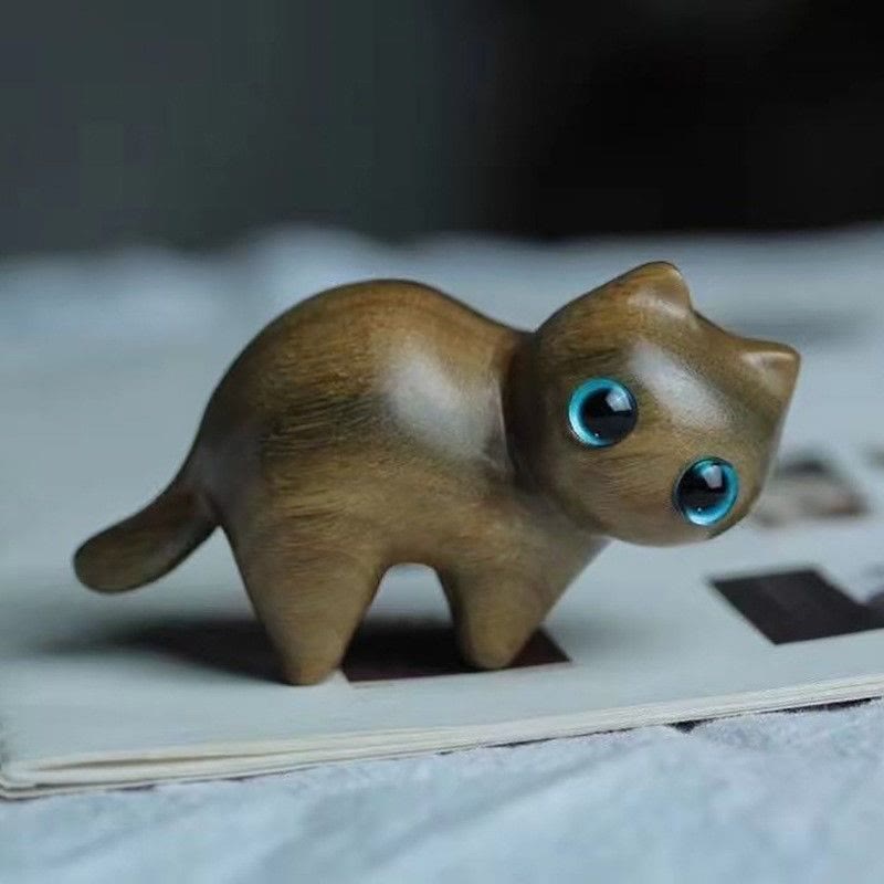 Mini Green Sandalwood Cat Statue for Desk Decor