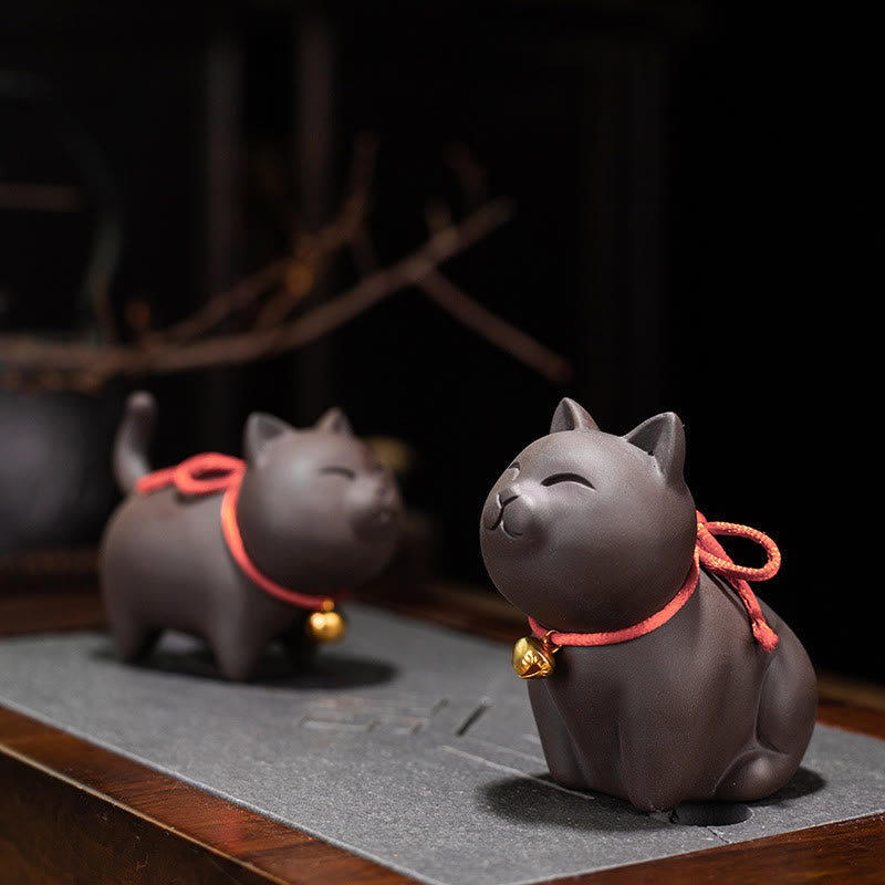 Mini Purple Clay Cat Tea Pet | Sitting & Standing Figurine Decor
