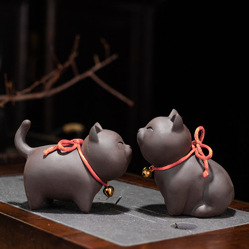 Mini Purple Clay Cat Tea Pet | Sitting & Standing Figurine Decor