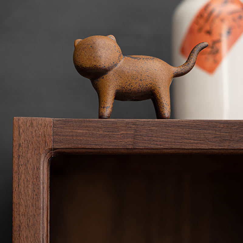 Mini Standing Cat and Feng Shui Frog Ceramic Figurines for Home Decor