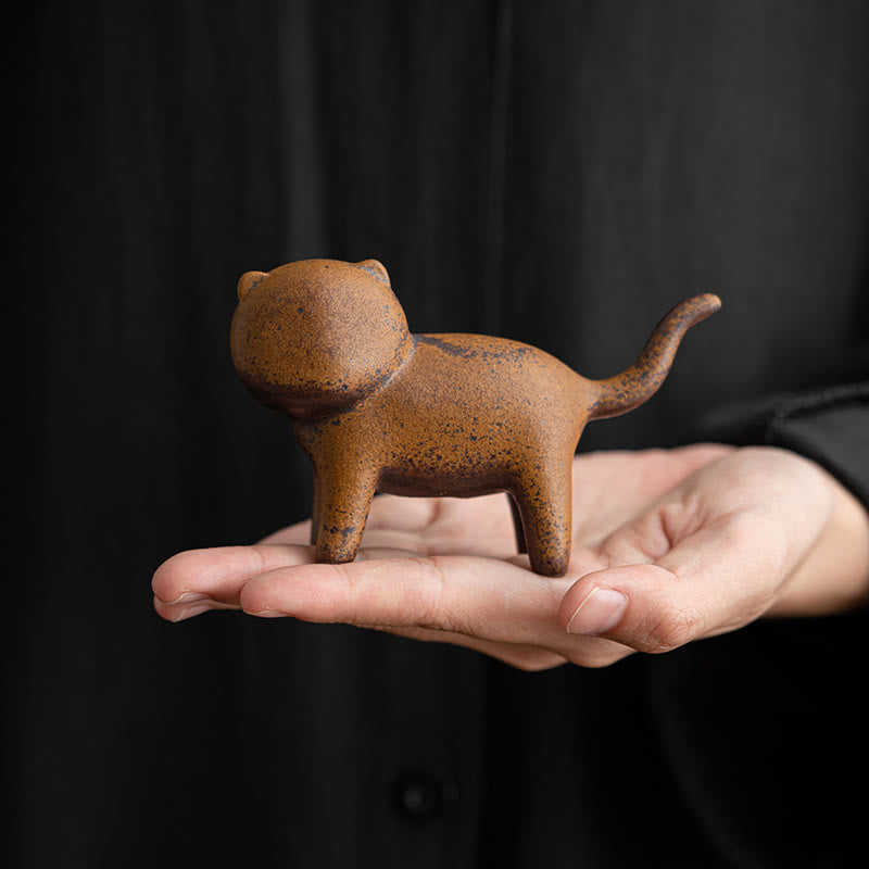 Mini Standing Cat and Feng Shui Frog Ceramic Figurines for Home Decor