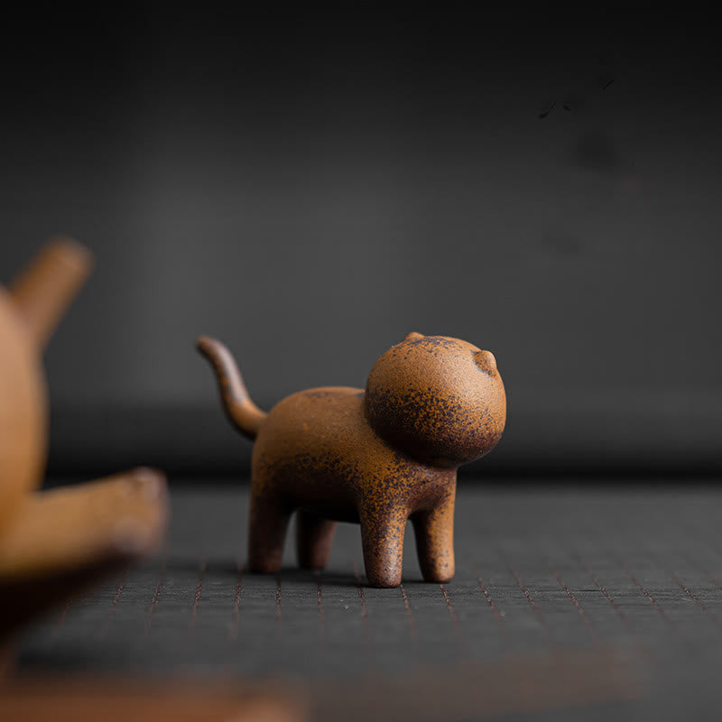 Mini Standing Cat and Feng Shui Frog Ceramic Figurines for Home Decor