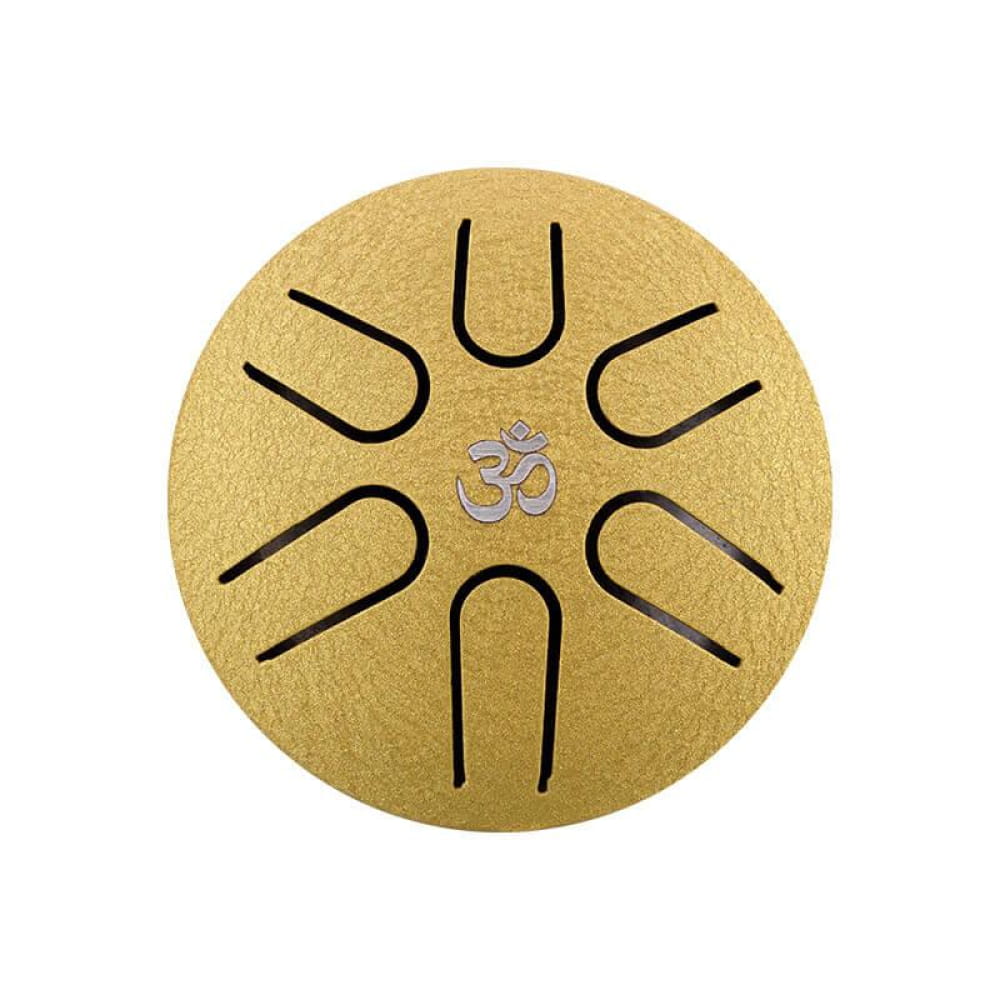 Gold circular drum with Om symbol in sunburst pattern for Mini Titanium Steel Tongue Drum