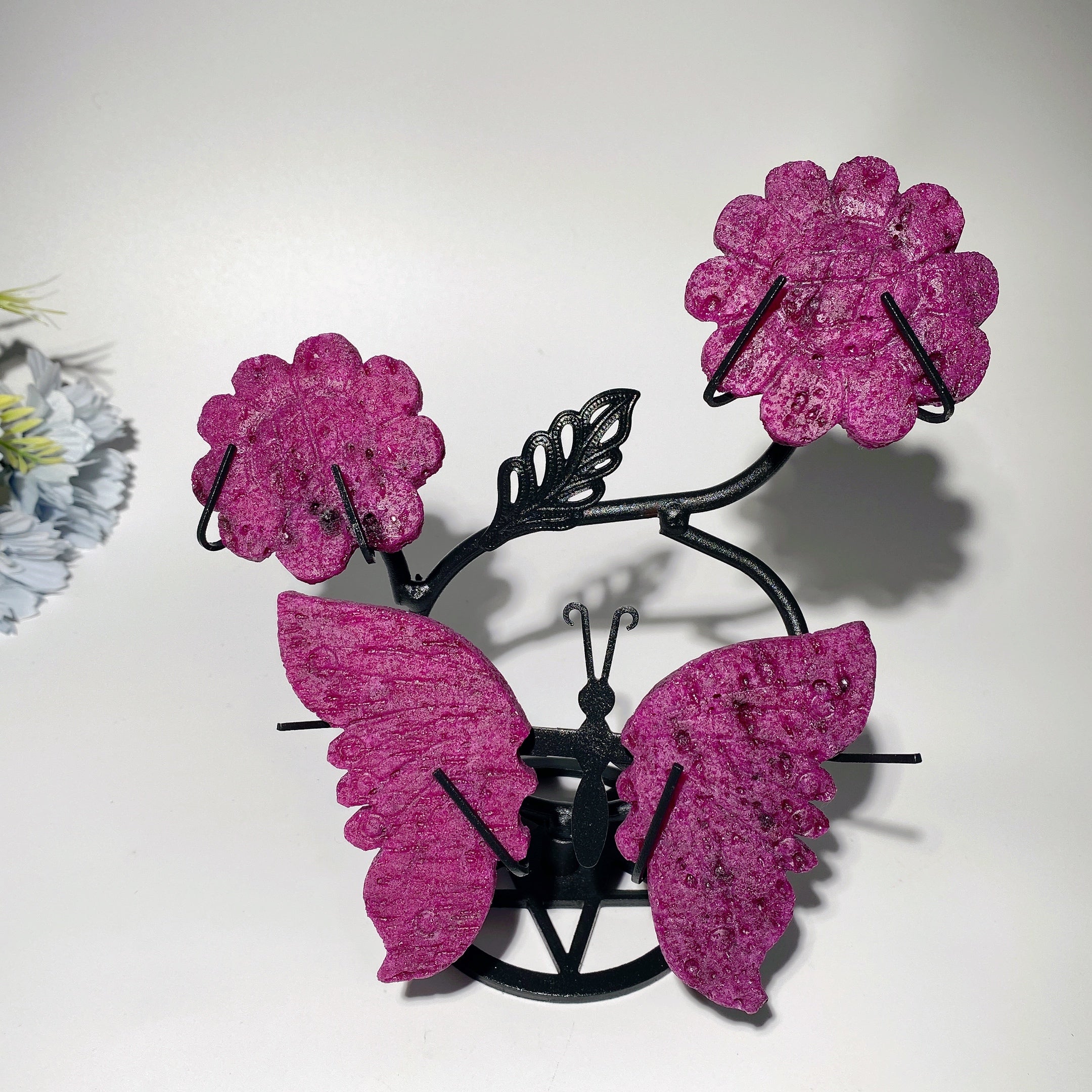 Mixed Crystal Butterfly with Flowers and Stand 4" Wings 2.3" Flower