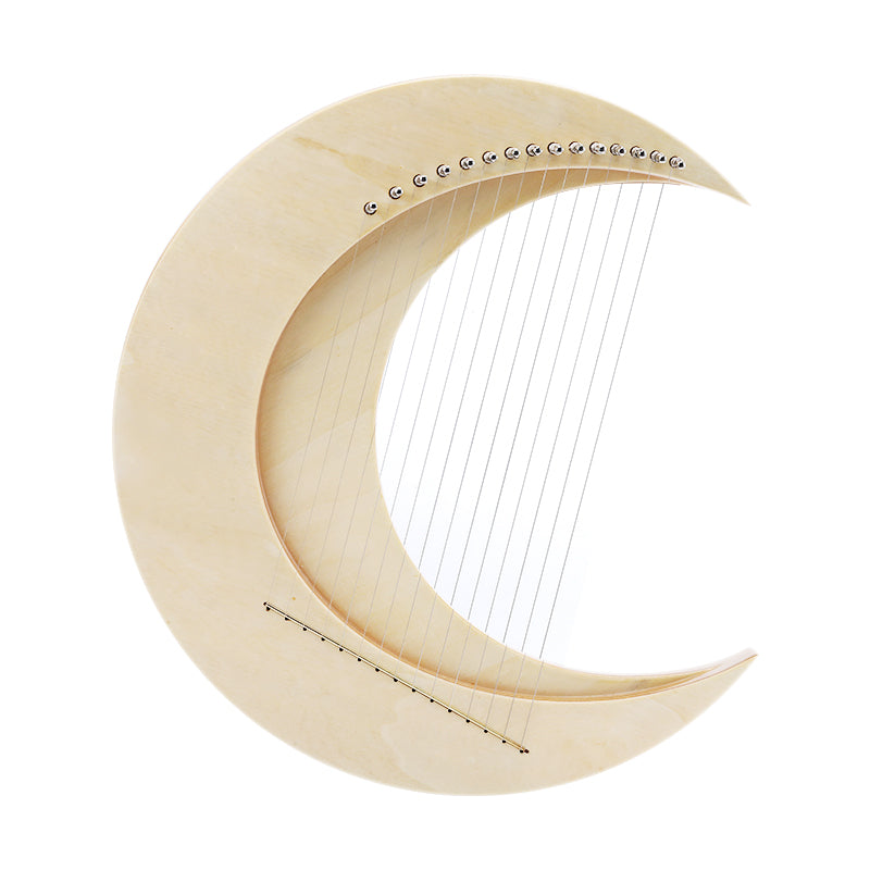 Cream-colored crescent moon-shaped harp with delicate strings for beginners