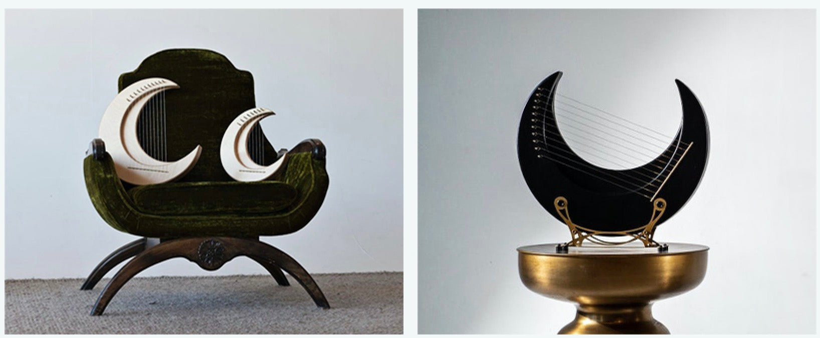 Crescent moon-shaped chairs with curved wooden bases for Moon Lyre Harp Instrument