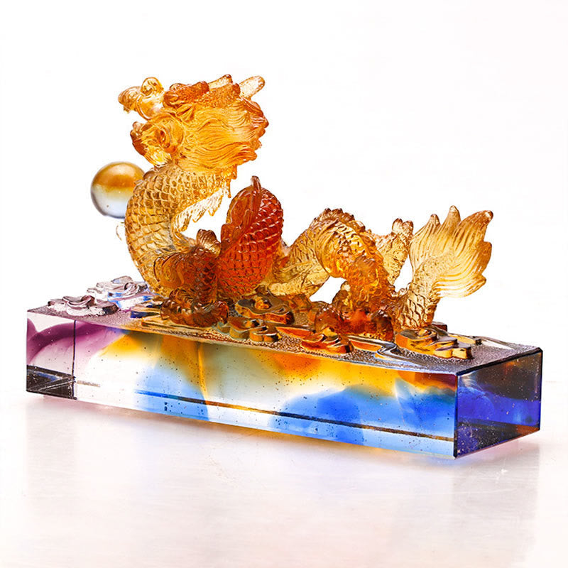 Multicolored Liuli Chinese Dragon Statue 6.3 Inch Feng Shui Piece