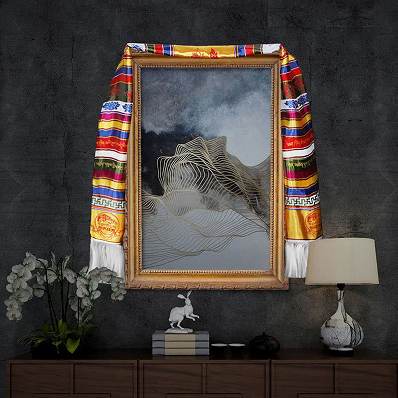 Multicolored Tibetan Khata Scarf 260x55cm Lotus Mantra Decoration