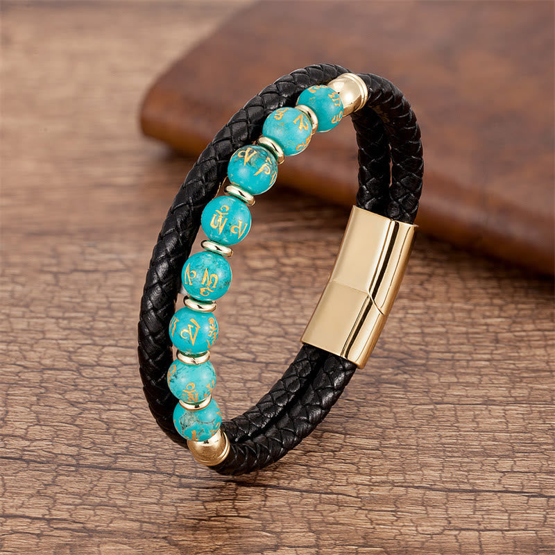 Multistone Om Mani Padme Hum Leather Bracelet