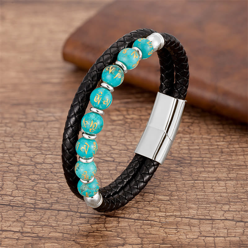Multistone Om Mani Padme Hum Leather Bracelet