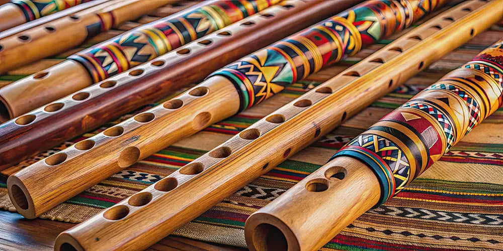 Hand-carved wooden flutes with vibrant, geometric patterns in reds, blues, and yellows.