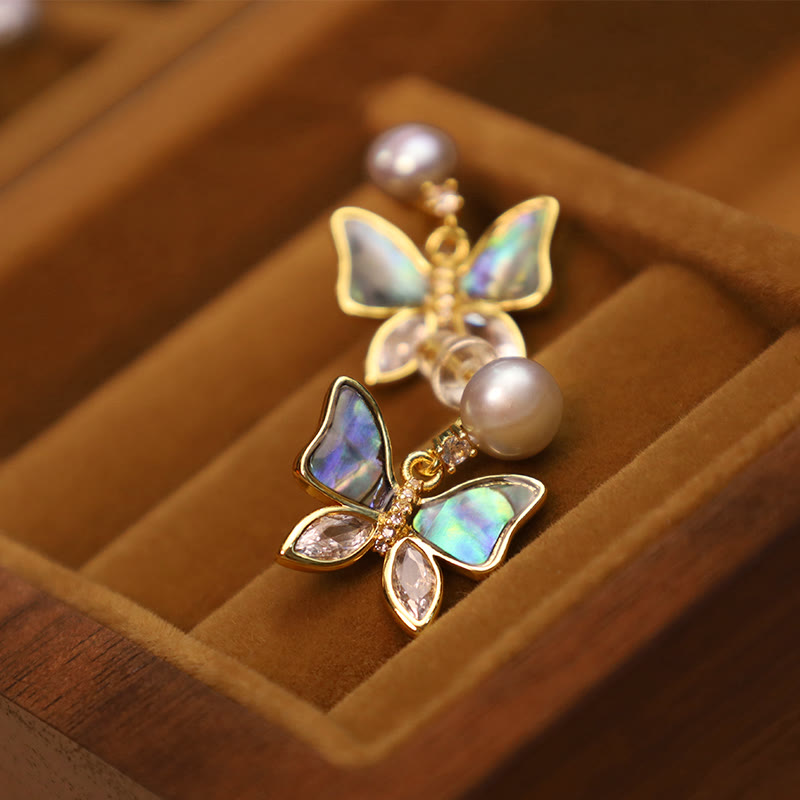 Natural Abalone Shell Pearl Stud Earrings with Butterfly Design