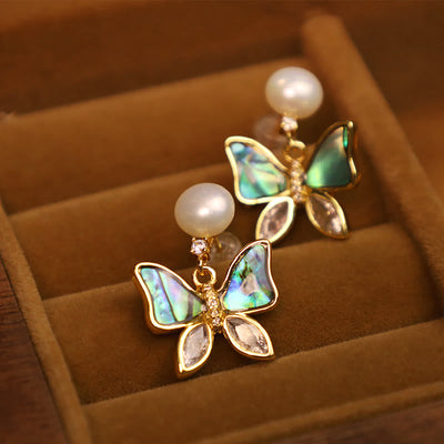 Natural Abalone Shell Pearl Stud Earrings with Butterfly Design