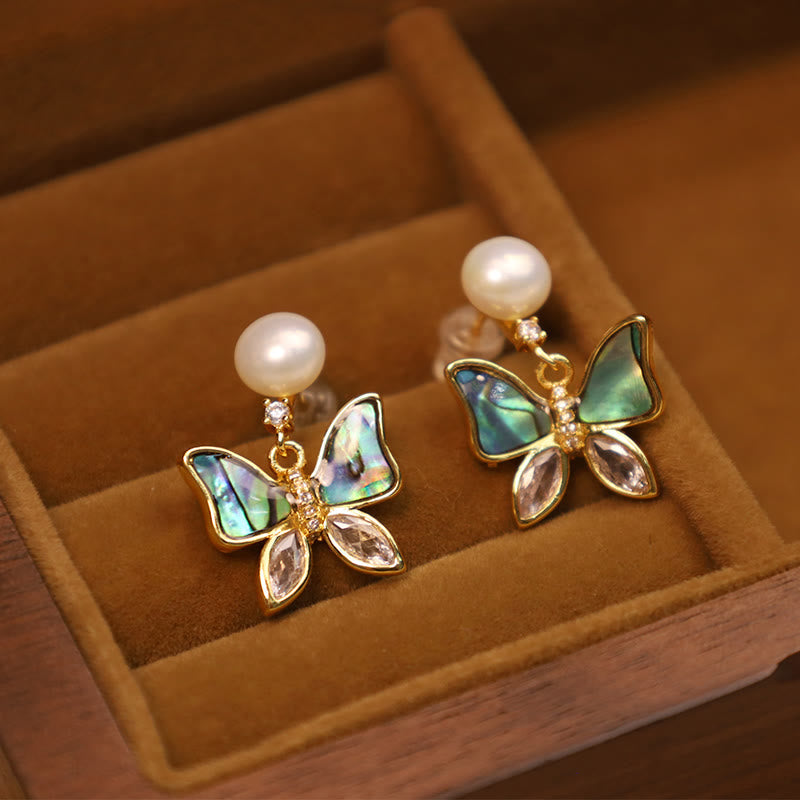 Natural Abalone Shell Pearl Stud Earrings with Butterfly Design