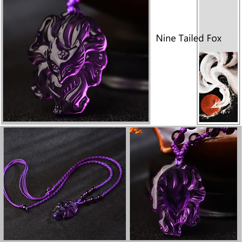 Natural Amethyst Nine Tailed Fox Luck Necklace