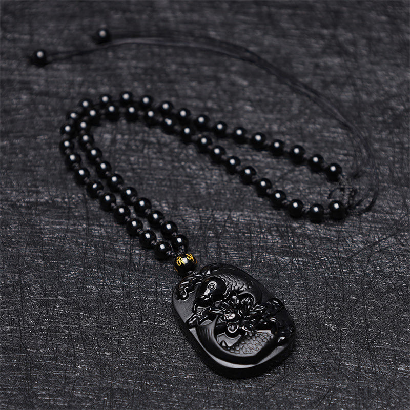 Natural Black Obsidian Koi Fish Lotus Strength Necklace