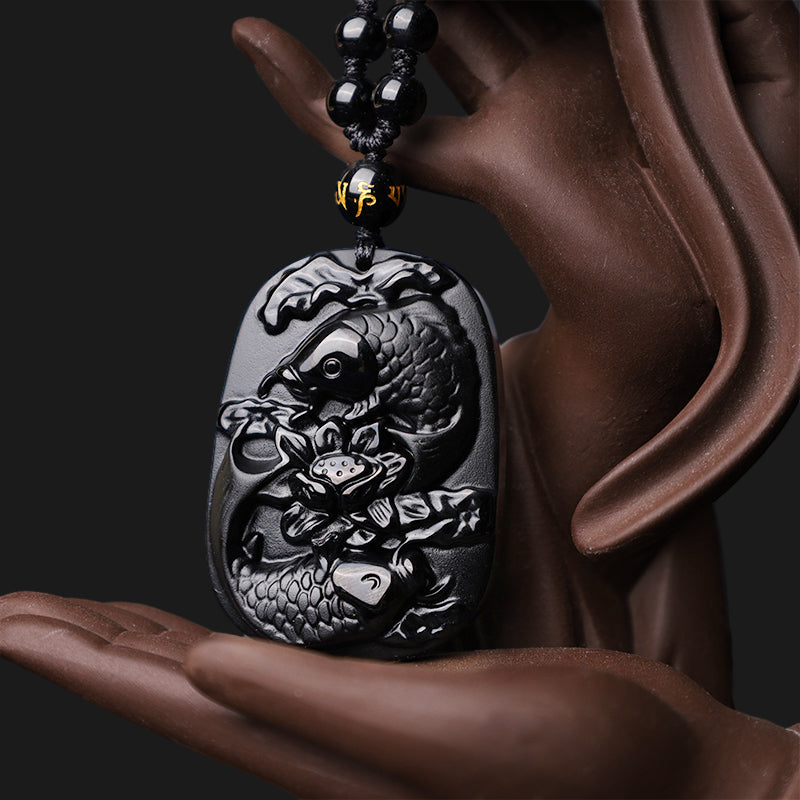 Natural Black Obsidian Koi Fish Lotus Strength Necklace