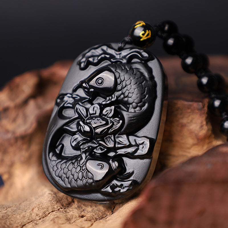 Natural Black Obsidian Koi Fish Lotus Strength Necklace