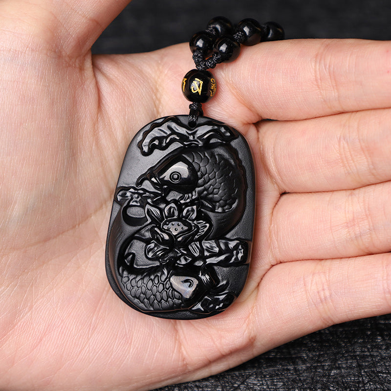 Natural Black Obsidian Koi Fish Lotus Strength Necklace